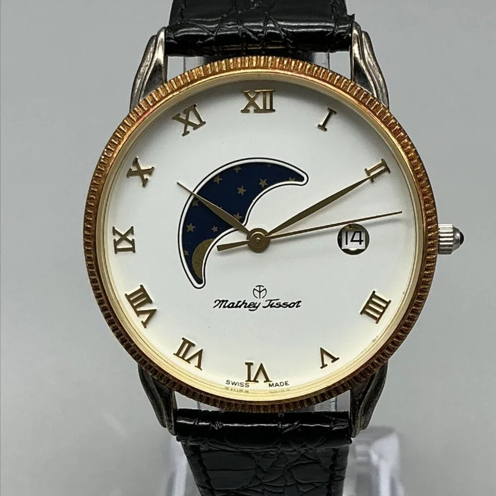 Mathey-Tissot Mens Watch 34mm Moon Phase Leather Date Swiss Made New Battery